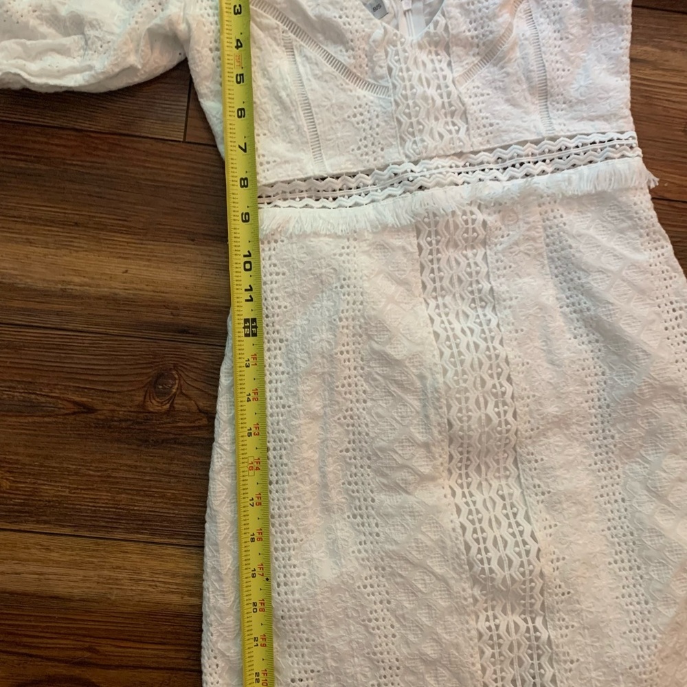 ESTHER White Lace Puff Sleeve Lined Mini Dress Sz S/8 Elegant Eyelet - Picture 6 of 16